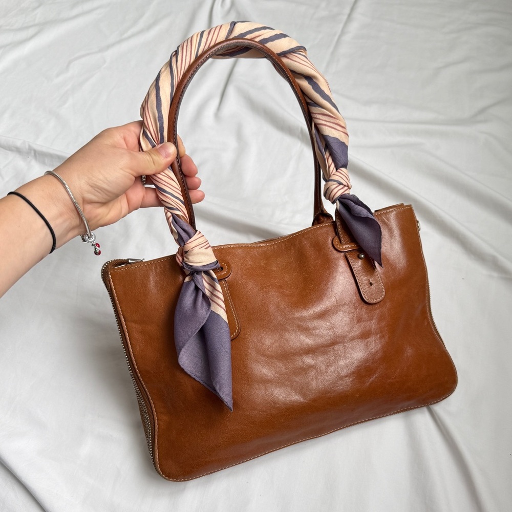 Super cute Brown Genuine Leather Tote Bag with scarf accent